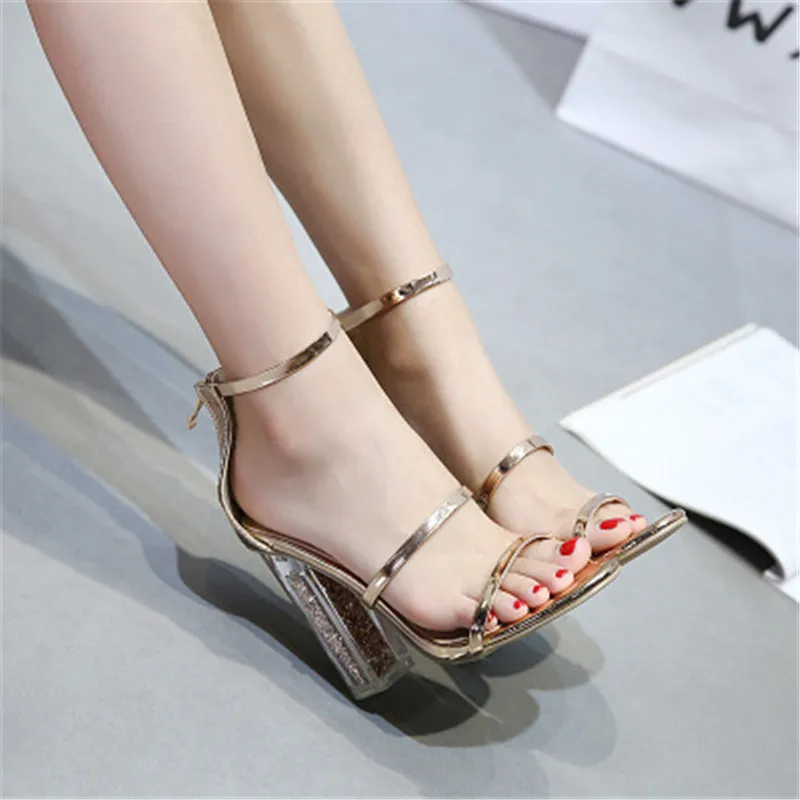 

Latest Women Open Toe Strappy Ankle Strap Gold Sandals Crystal Transparent Clear Block Thick High Heel Sequined Shoes