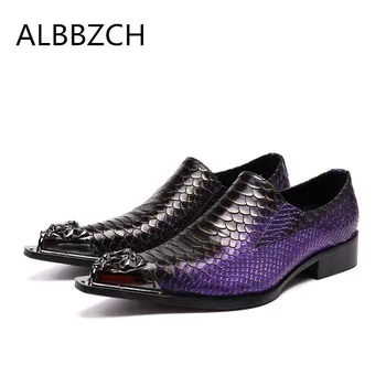 

New mens pointed toe slip on embossed leather wedding shoes fashion purple career work shoes men man evening party dress shoes
