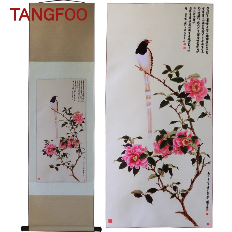 

Chinese Silk scroll painting Tea flowers and birds figure Beautiful wall picture hanging Restroom decorative painting home decor