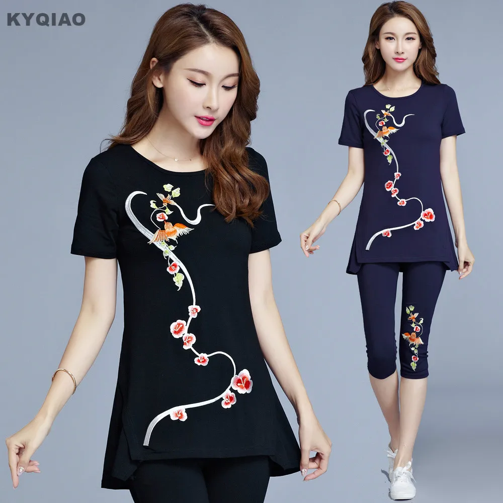 

KYQIAO Ethnic shirt 2019 women pullover female summer m-3xl designer black blue o neck short sleeve embroidery t shirt tee top