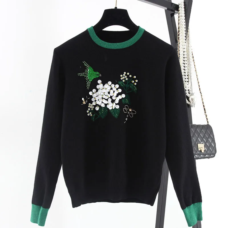 Осень Зима Европейский и американский роскошный дизайн Бисероплетение птица блестками свитер с цветочным рисунком женские вышивка лист трикотажные топы SY1236 - Цвет: Black