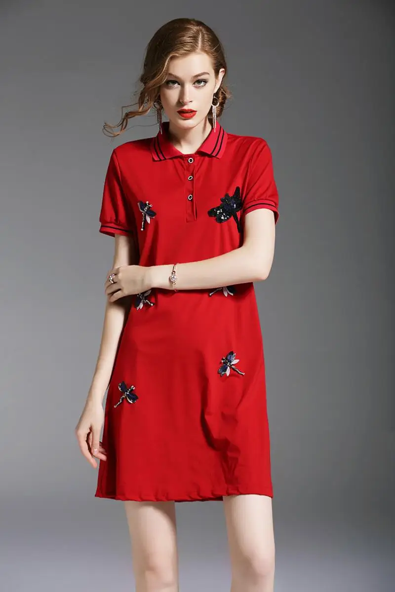 New Arrival 2018 Brand Clothing Summer Short Sleeved T-shirt Dress Women Embroidery Beading Casual White POLO Shirt Dress S-XXL