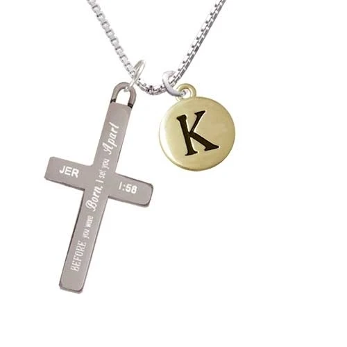 Capital Gold Tone Letter - K - Pebble Disc - - I Set You Apart - Cross Necklace (1)