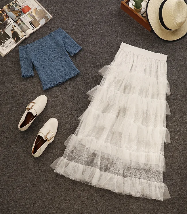 2018 new summer temperament sexy shoulder shoulder waist high waist gauze half skirt two dress skirt female Women's Sets