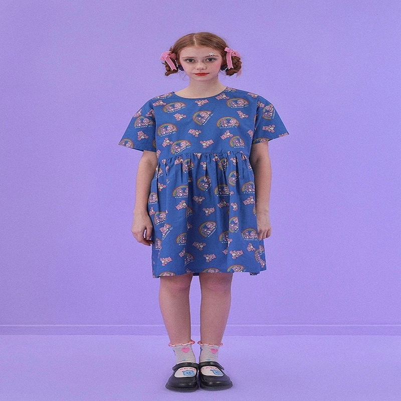 Vestidos de nuevo diseño estampado de oso tierno cuello redondo vestido de verano de mujer azul holgado cintura estilo longitud de la rodilla|Vestidos| -