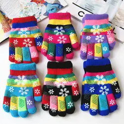 Осенне-зимние Детские утепленные вязаные перчатки из пряжи для мальчиков и девочек с принтом снега Красочные перчатки детские зимние