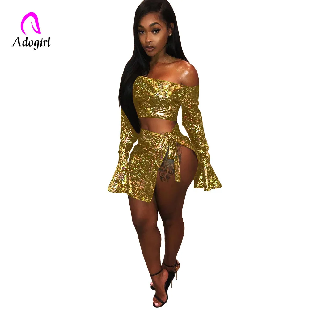 

Adogirl Women Skirt Set Dazzling Diamond Night Club Two Piece Set Women Sexy Off Shoulder Flare Sleeve Crop Top Bow Mini Skirt