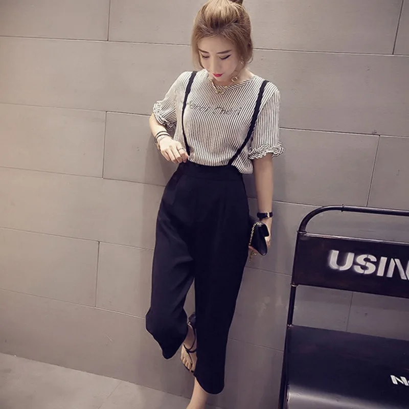 Летний модный комплект из двух предметов в Корейском стиле, женские полосатые топы с круглым вырезом и короткими рукавами + широкие брюки