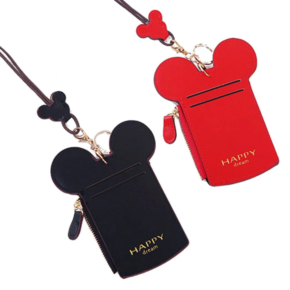

Cute Cartoon Minnie PU Leather Card ID Holders Bag Travel Small Bank Bus Women Credit Card Holder Keyring Key Wallet Chain Case