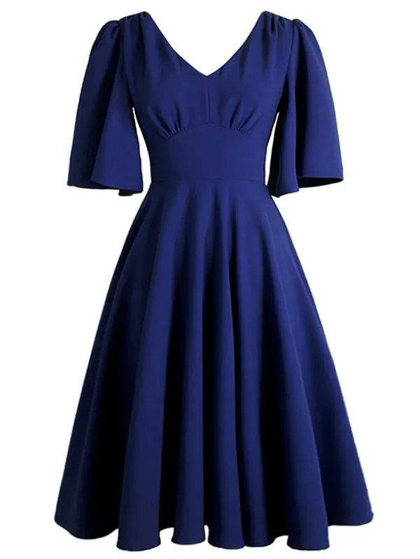 

Wipalo Plus Size Solid Flutter Sleeve Vintage Knee Length Flared Dress Women V Neck 3/4 Sleeve A Line Dress Female Vestidos