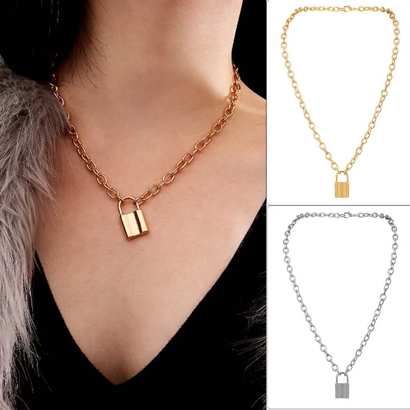 

Silver Color Women Jewelry PadLock Pendant Necklace Cable Chain Necklace Friendship Gifts