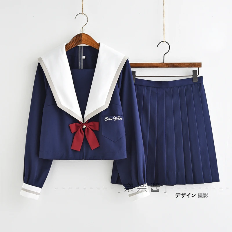 

2019 Japanese School JK Uniforms Sailor Suit Lolita Snow White Embroidery Blouse Pleated Skirt Suit Women Seifuku Dress Navy
