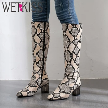 

WETKISS Sexy Snake Skin Boots Women Knee High Boot Party Shoes Female High Heels Shoes Ladies Square Toe Shoes Plus Size 48