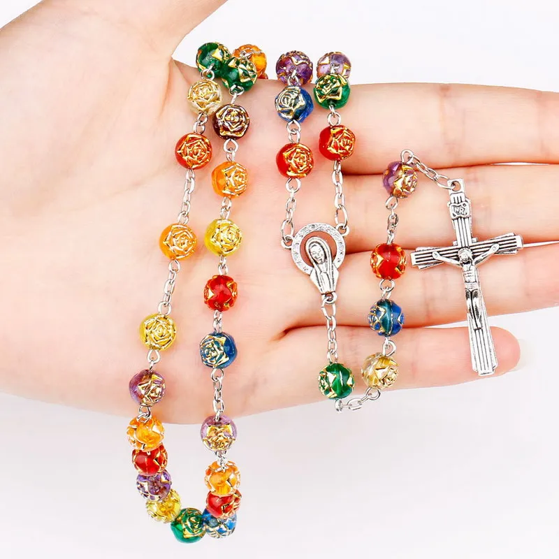 

Colorful Acrylic Rose Flower Beads Religious Cross Necklace Catholic Rosary Necklace Jesus Crucifix Stars Mary Centerpiece