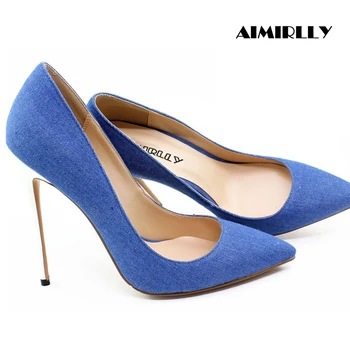 

Women's Shoes Pointed Toe High Heels Denim Pumps Stilettos Spring Summer Party Clubwear Shoes Thin Heels Blue Slip-On Aimirlly