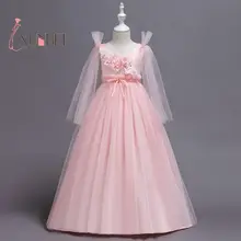 Принцесса розовая с длинными рукавами Платья с цветочным узором для девочек г. тюлевые аппликации нарядные платья для девочек платья для первого причастия