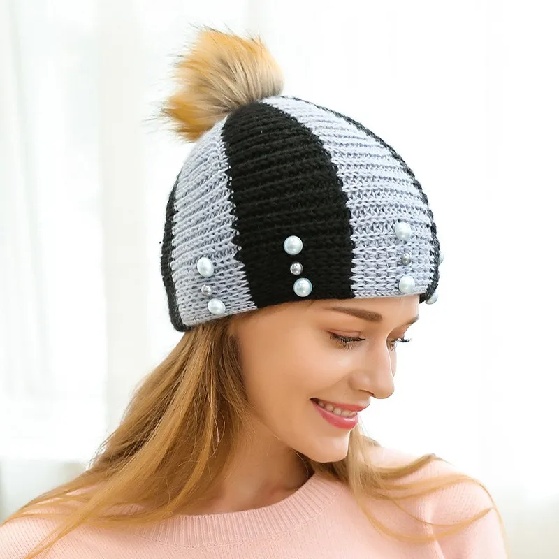 

2016 Woman's Warm Woolen Winter Hats PearlKnitted Fur Cap For Woman Sooner State Letter Skullies & Beanies 6 Color Gorros HT