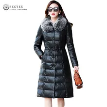 Длинная женская куртка из натуральной кожи, пуховик на утином пуху, новинка, теплое пальто из овчины, зимнее пальто с воротником из лисьего меха, приталенная парка Okb410