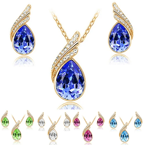 

Fashion Women's Party Banquet Waterdrop Jewelry Set Crystal Pendant Necklace Earrings Golden Tone