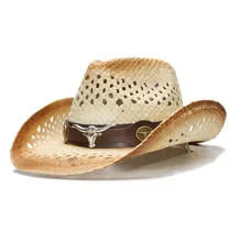 Винтажные Ретро женские мужские соломенные из пальмового волокна Широкий пляжный навес полый ковбой ковбойская шляпа ковбойская голова быка кожаный ремешок(58 см