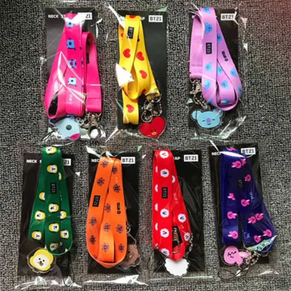

2018 New BTS BT21 TATA COOKY CHIMMY pvc pendant Keychain Lanyard Badge ID Cards Holders Neck Straps with Keyring Gifts