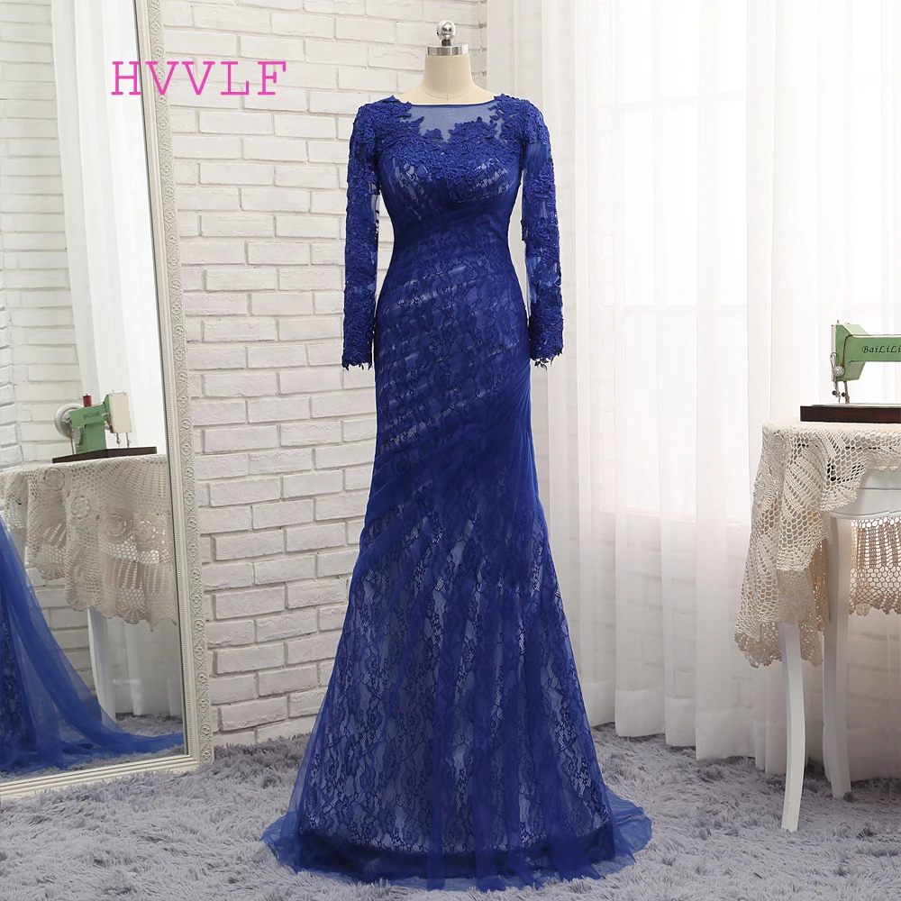 

HVVLF Royal Blue Evening Dresses 2019 Mermaid Long Sleeves Lace Tulle Appliques Long Evening Gown Prom Dress Prom Gown