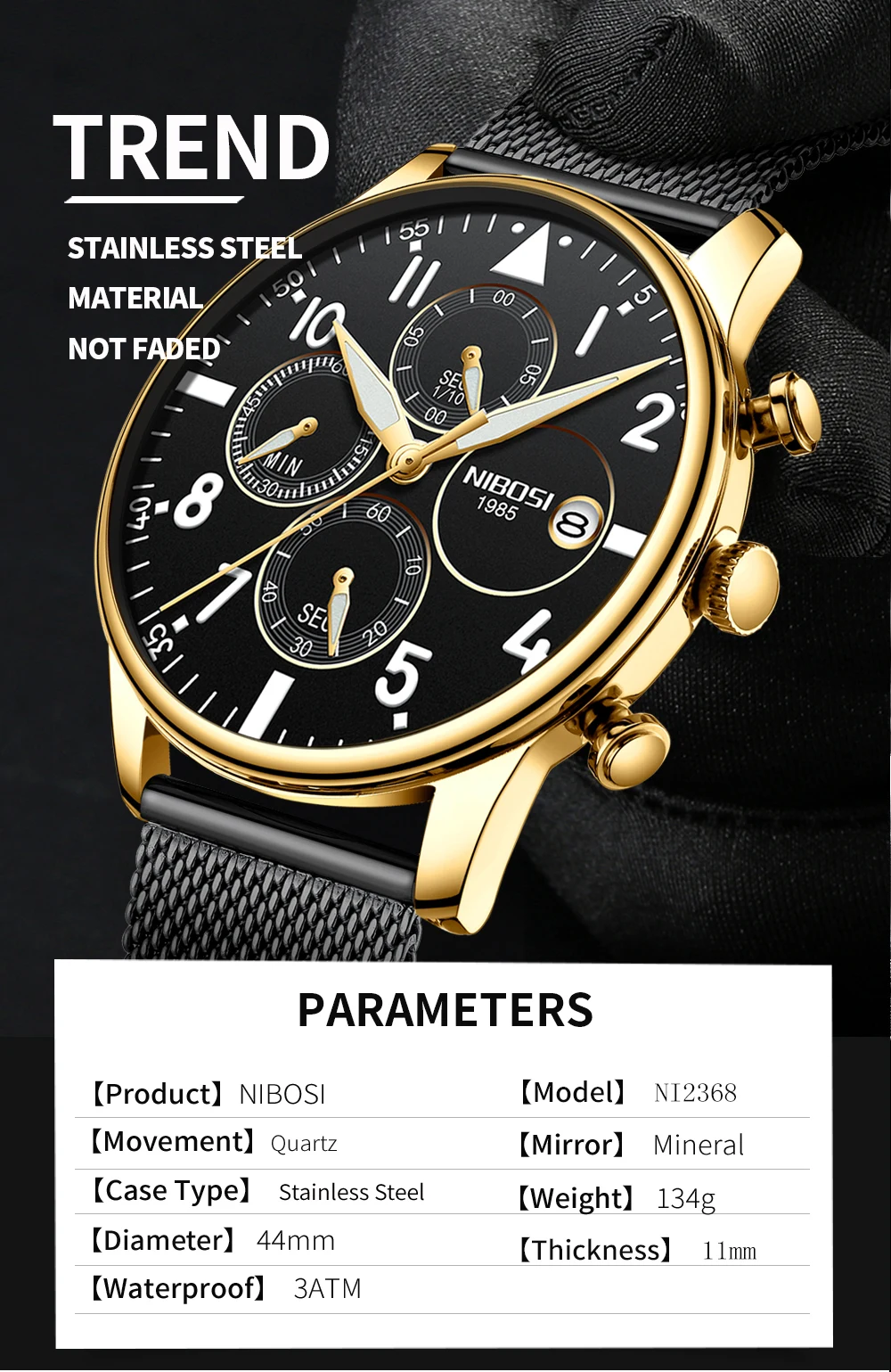 NIBOSI Men Watch 2019 Luxury Brand Waterproof Fashion Quartz Watch Stainless Steel Male Clock Relogio Masculino Dourado Saat (2)