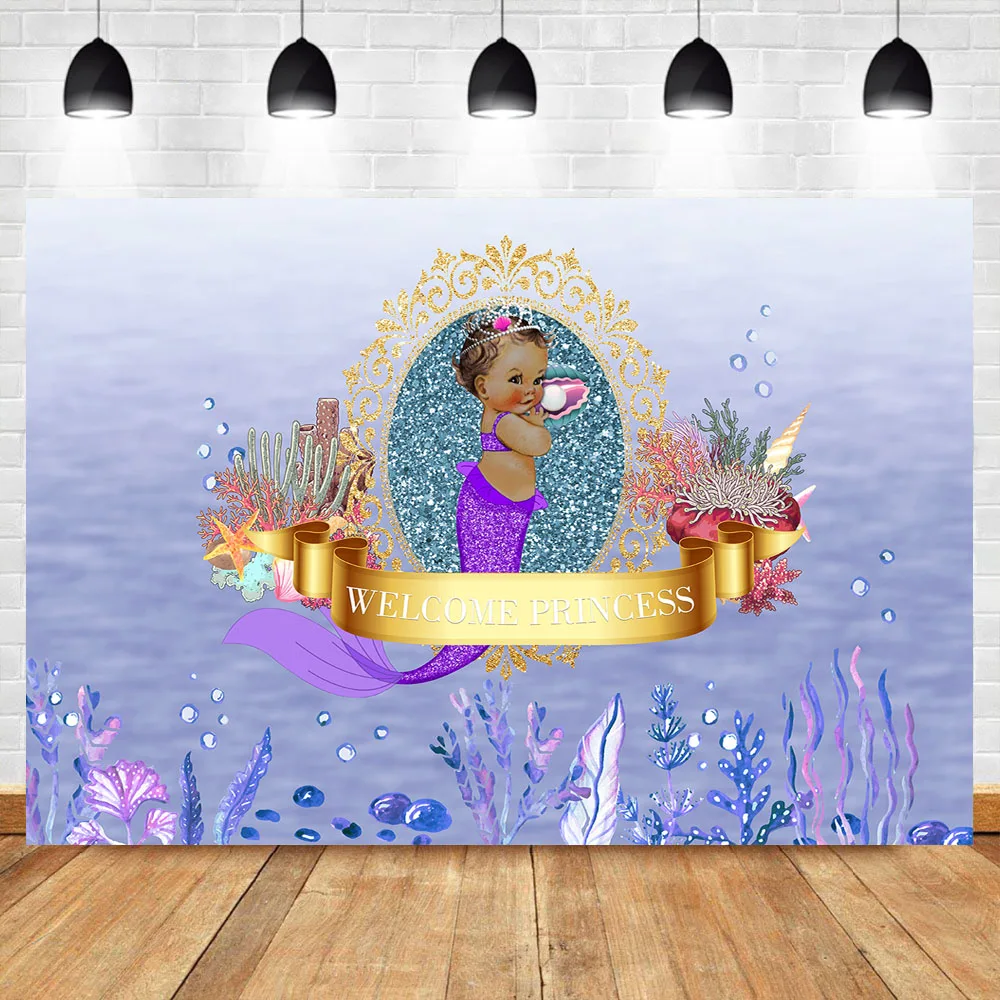 

Mermaid Themed Baby Shower Backdrop Purple Little Princess Photography Backdrop Pearl Coral Seashell Photo Background for Girls