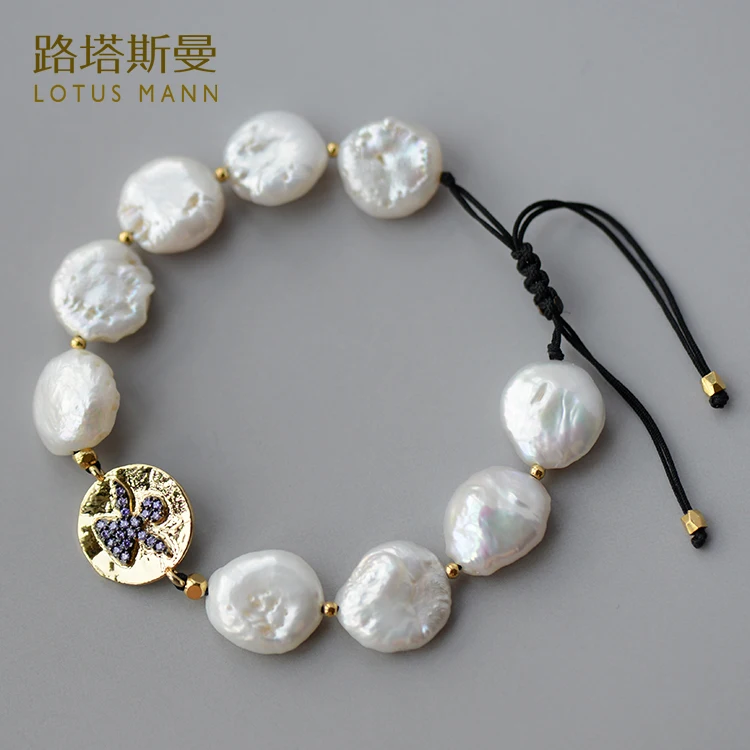 Lotus Mann Round pie baroque pearl pendant bracelet The adjustable