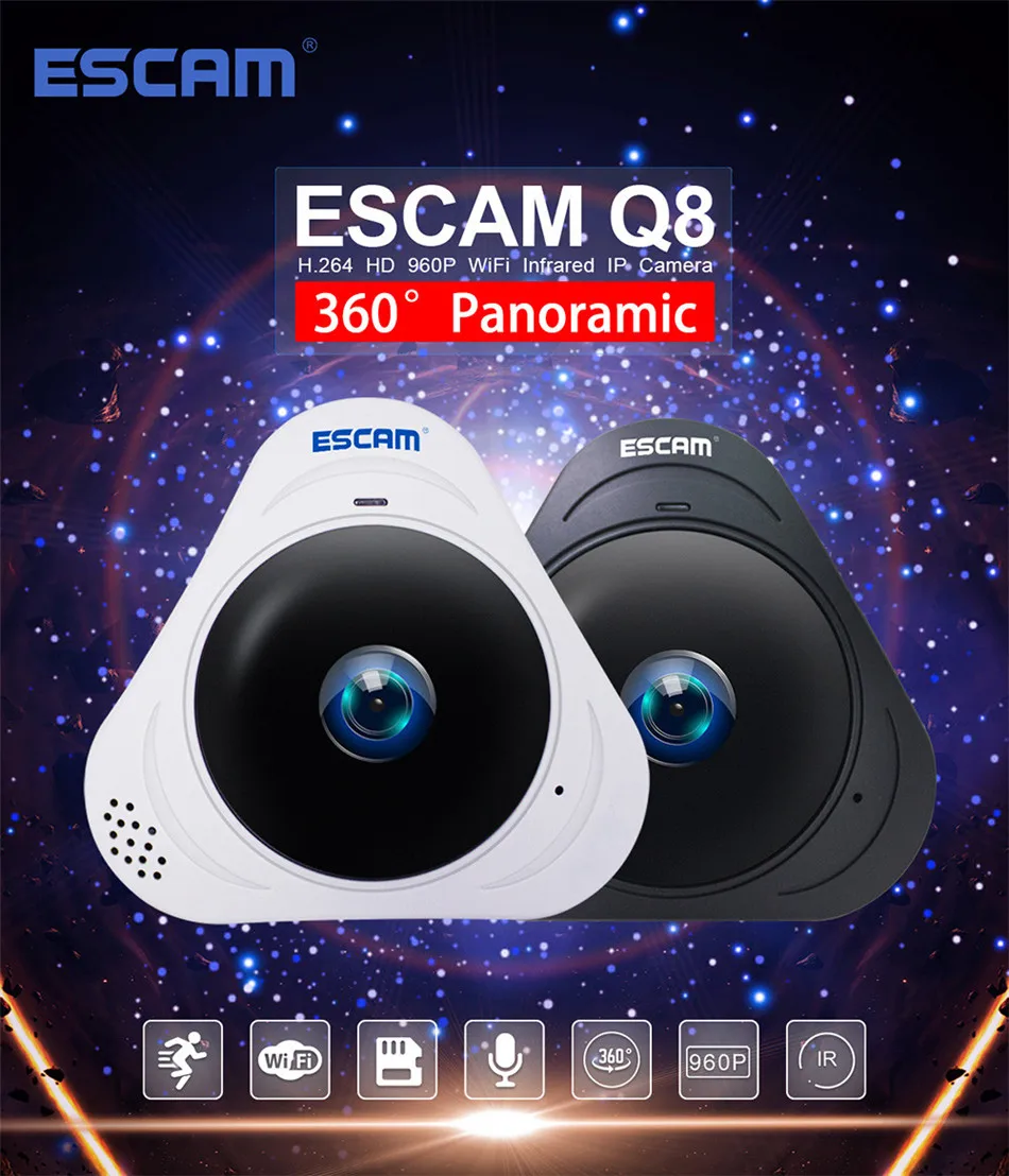 ESCAM Q8 360 градусов панорамная WiFi ip-камера 960 P Рыбий глаз объектив инфракрасная камера VR камера с двухсторонним аудио/детектор движения