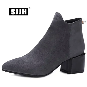 

SJJH Woman Ankle Boots Point Toe 6cm Chunky Heels Faux Suede Zip Plush Western Boots Female Casual Fashion Shoes Large Size Q018