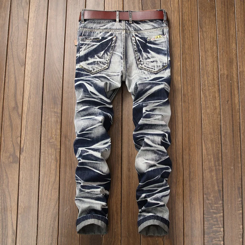 High Quality Men Casual Jeans Coated Slim Straight Pleated Biker Jeans Pants Male Denim Casual Pants Plus Size Streetwear