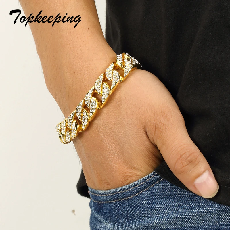 

Mens Luxury Rhinestone Fashion Bracelets Unisex Bangles Gold Color Iced Out Miami Cuban Link Chain Bracelet Rapper Rock Hip Hop