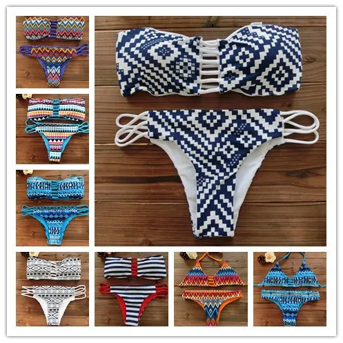 

2019 Women Bandeau Bikini Reversible Print swimsuit Strappy swimwear biquini trikini 1112