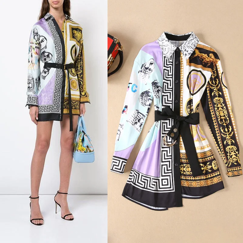 

European Style Women Clothes Long Sleeve Turn Down Collar Patchwork Print Mini Dress Fashion Sashes Asymmetrical Runway Dress