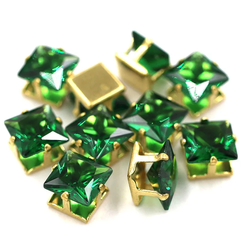 Emerald 8 мм, квадратная форма, циркон, Искусственный драгоценный камень с когтями, плоская задняя часть, Золотая основа, стразы, сделай сам, ювелирные аксессуары - Цвет: Emerald