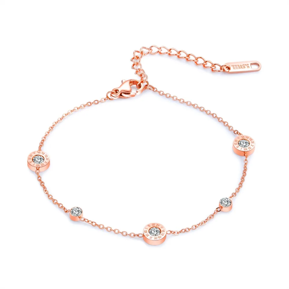 

Trendy Four Round Rome number CZ Anklets For Women Rose Gold Color Stainless Steel Foot Chain Jewelry Gift Length adjustable