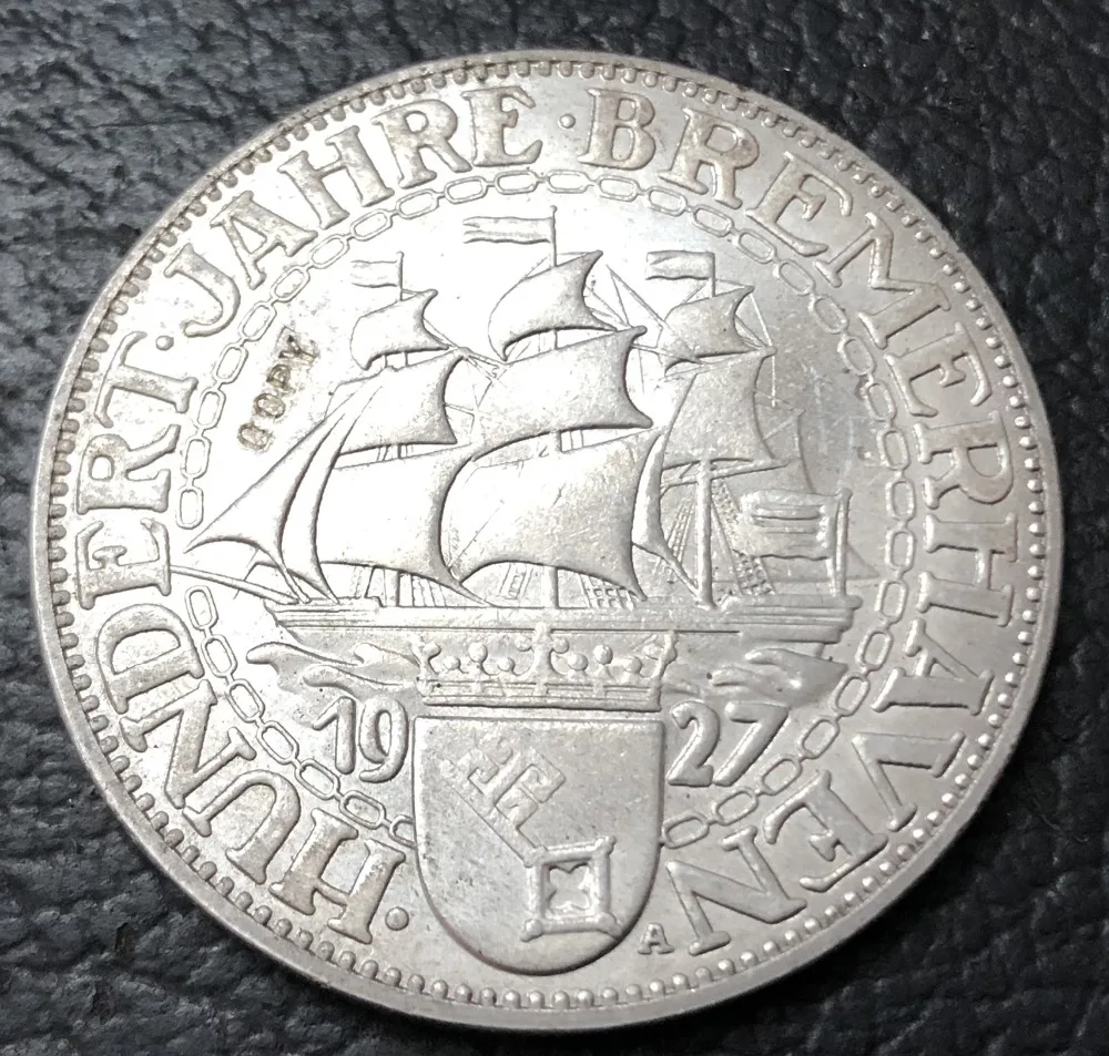 

1927 Germany-1871-1948 5 Reichsmark Bremerhaven Silver Plated Copy Coin