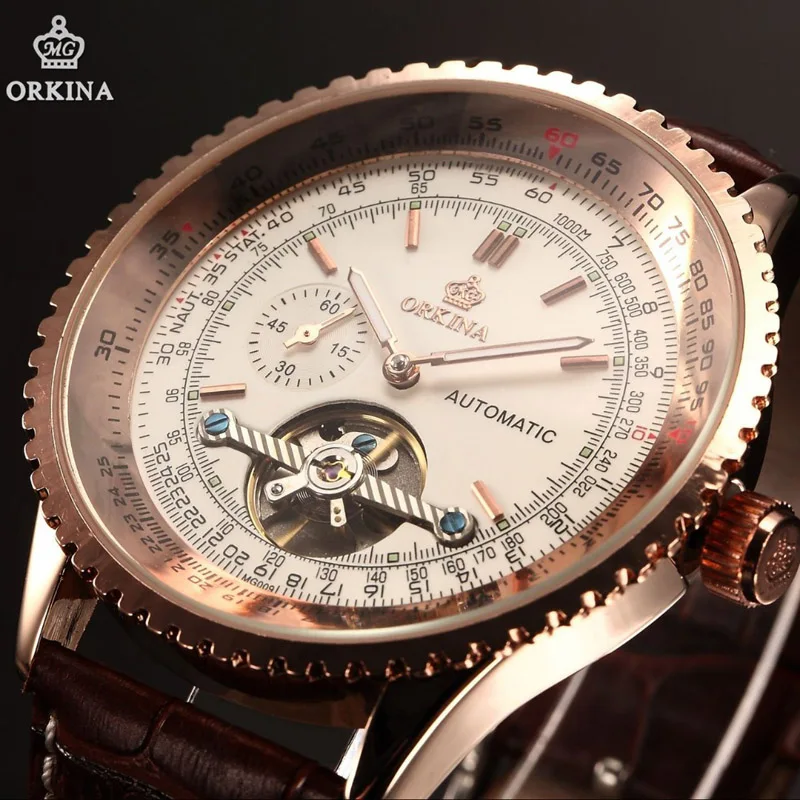 

Orkina Luxury Automatic Mechanical Men's Watches Rose Gold Bezel Genuine leather Tourbillon Elegant Design Auto Self-Wind Clock