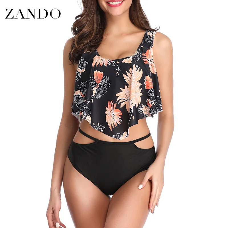 

Zando Swimwear Tankini Women 2019 Two Piece Sexy Backless Halter Floral Printed Swimming Suit For Women Mid Waist Biquinis
