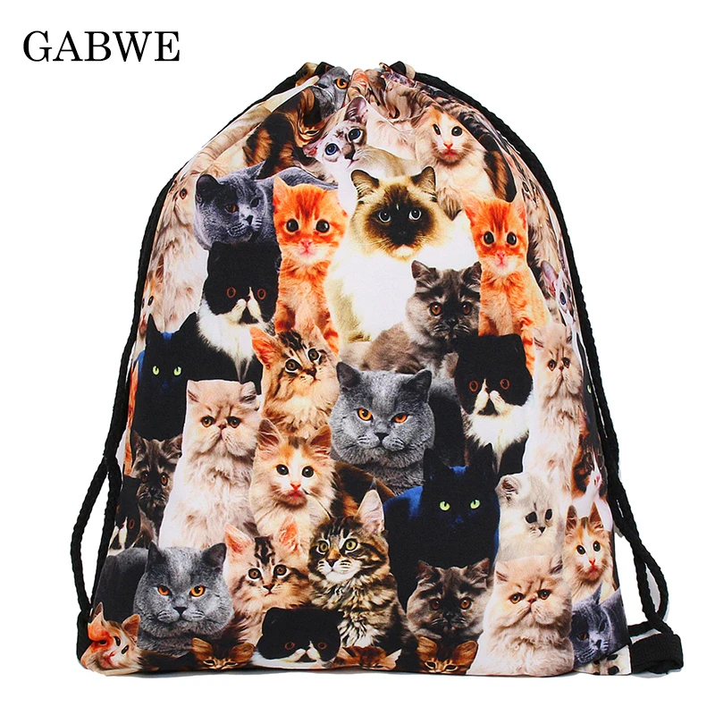 

GABWE 3D Printed Drawstring Bags with Cute Kitty Meow Drawstring Bag Travel Organizer Worek Plecak Sznurek