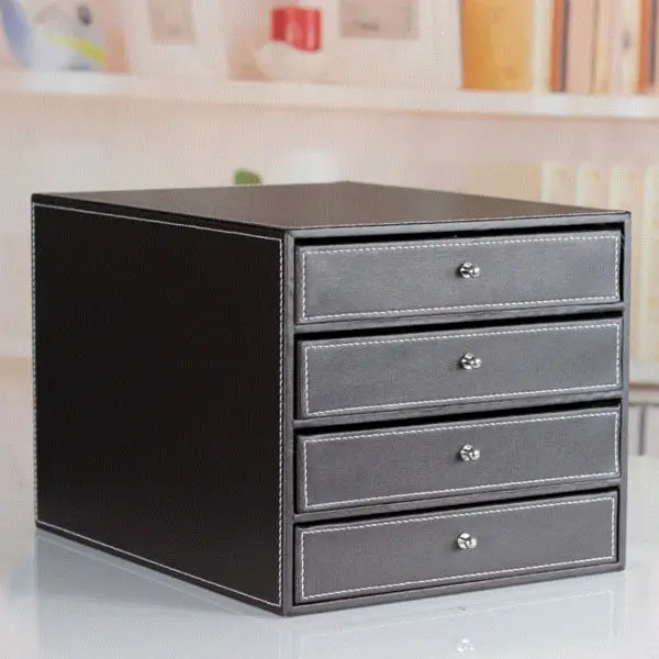 A4 Office 4 Drawer Wooden Leather Desk File Cabinet Drawer Box