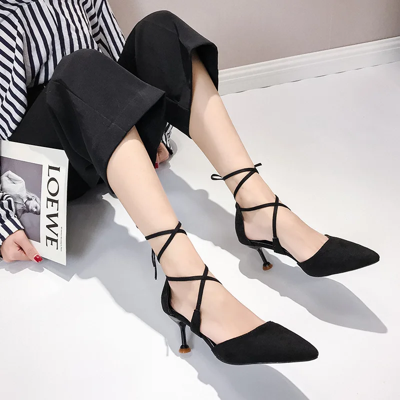 

2019 spring new pointed thick with wild with a sexy cross word buckle with hollow shallow mouth shoes