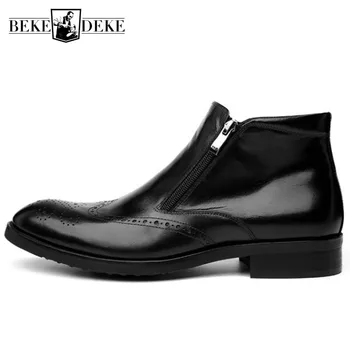 

Vintage Brogue Wing Tip Mens Ankle Boots Business Work High Top Real Cow Leather Shoes British Pointed Toe Low Heel Footwear