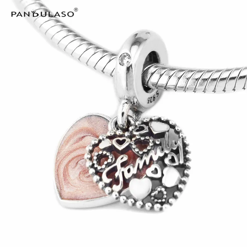 

Pandulaso Love Makes A Family Pendants Pink Heart Charms for Jewelry Making Fit Original Charms Silver 925 Bracelets DIY Jewelry