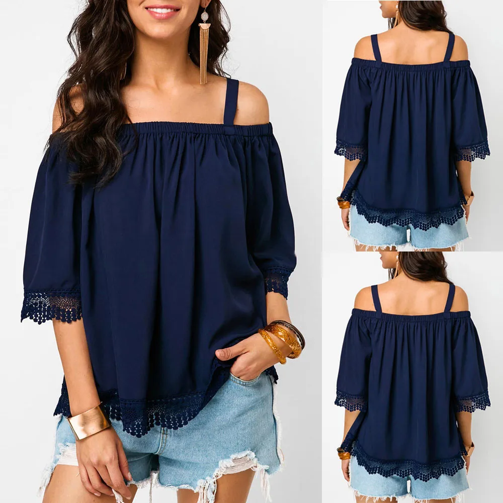 Fashion Lace Women Blouse Off Shoulder Plus size Slash neck Tops Loose Tunic summer Blouses Femme Shirt Beach Wear blusas Blouses