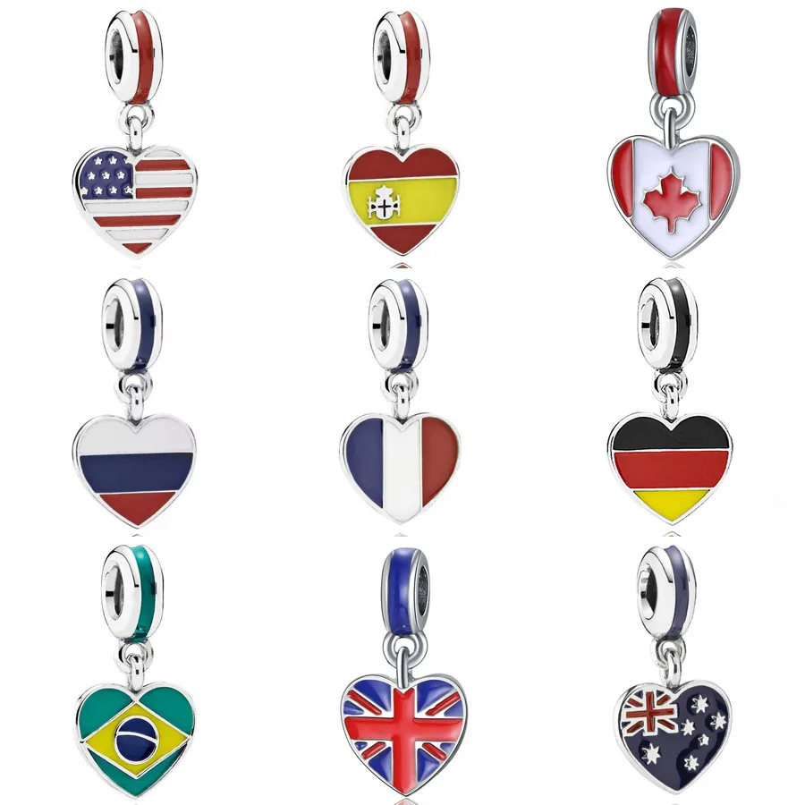 

Mix Enamel Spain USA France Canada Russia Brazil Love Heart Flag Pendant Charm Fit Pandora Bracelet 925 Sterling Silver Beads