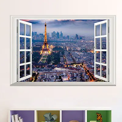 

2016 new arrival Eiffel Tower City Night Views 3D Window Wall Sticker Mural Art Removable Vinyl asd