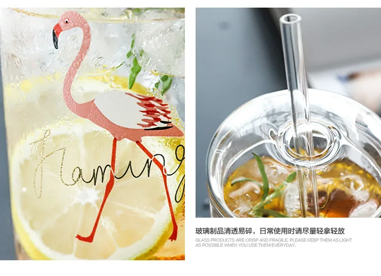 Стакан с Фламинго кружка с соломинкой и крышкой фруктовый салат сок смузи пиво кофе Мейсон банка креативная боросиликатная стеклянная чашка 450 мл