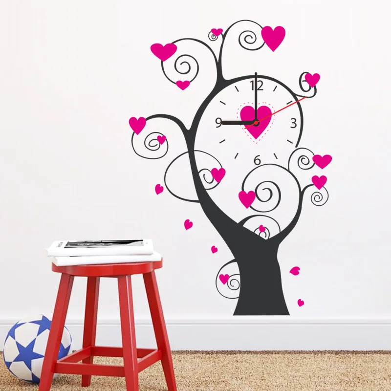 Best Romantic love heart tree Wall clock diy Needle Quartz real clock watch Wall Stickers living room backdrop home